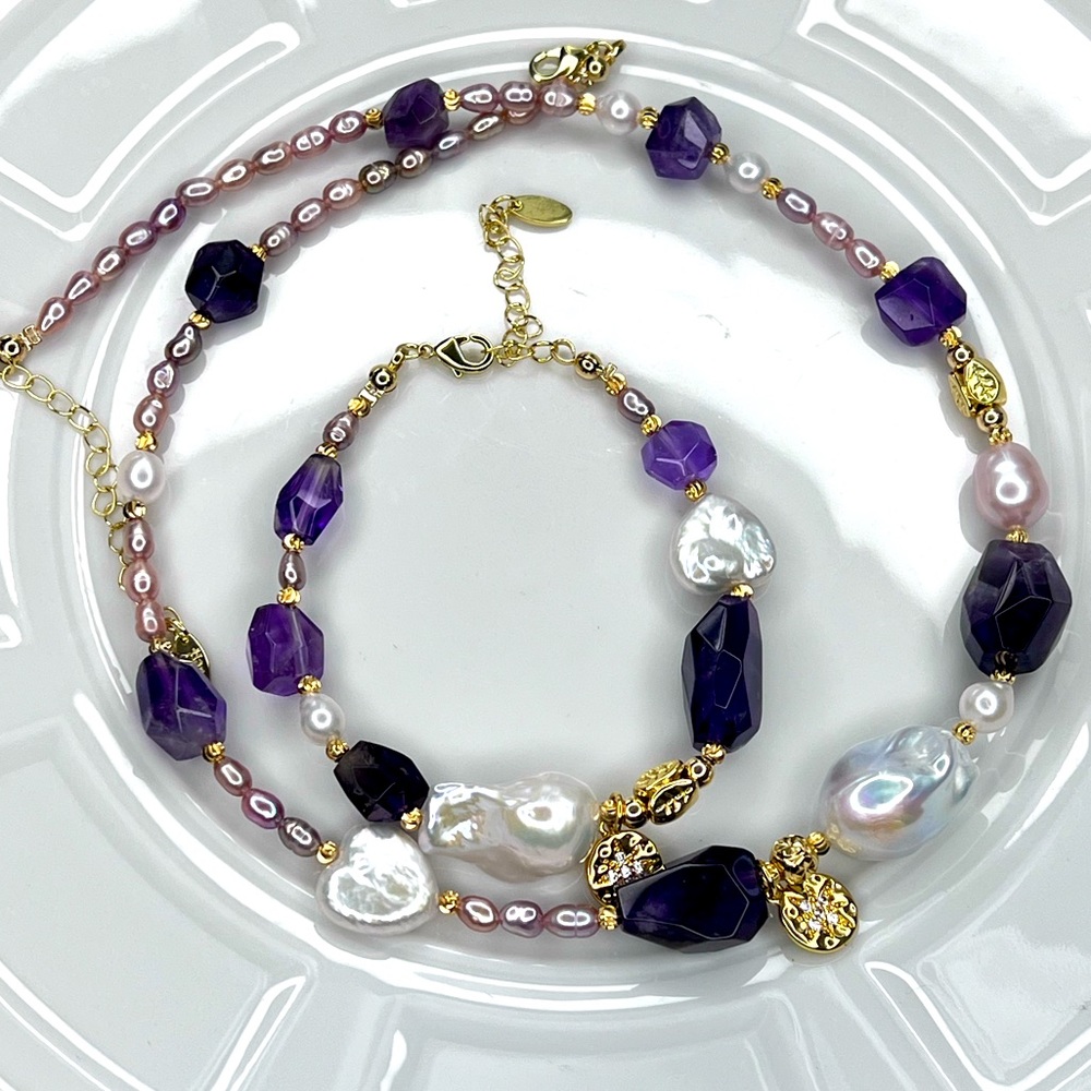 Handmade Freshwater Flameball Heart ❤️ Pearl Amethyst Necklace Bracelet Set